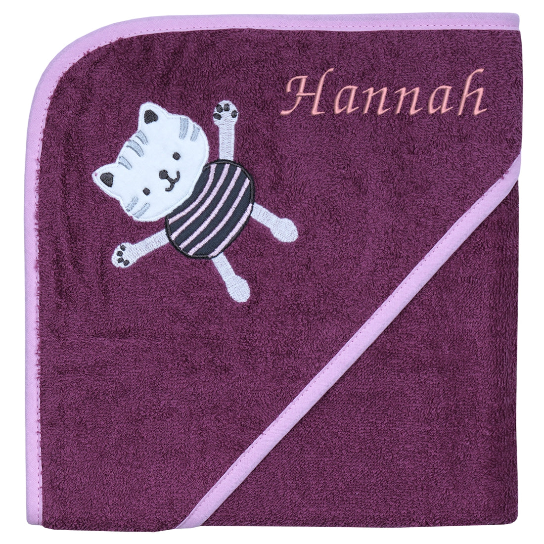 Kapuzenhandtuch Katze mauve mit Namen bestickt
