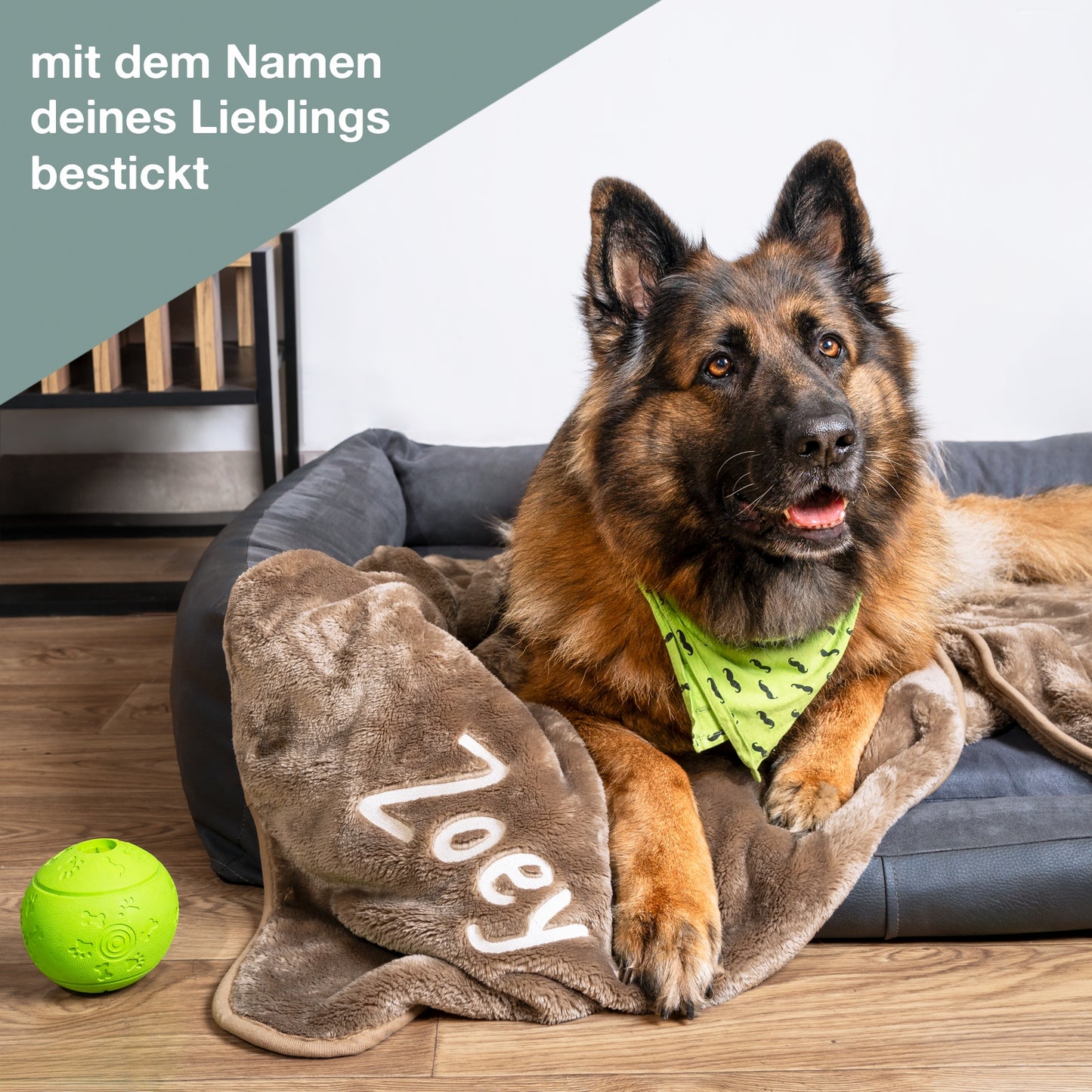 Hundedecke in taupe mit Namen bestickt von wolimbo