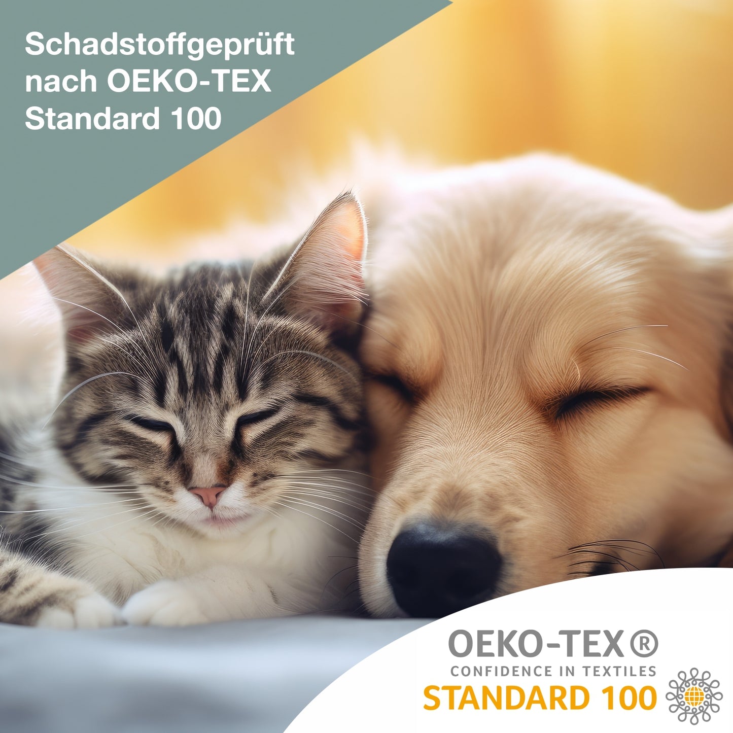 Hund und Katze verschmust auf Sofa und Logo auf Schadstoffe geprüft