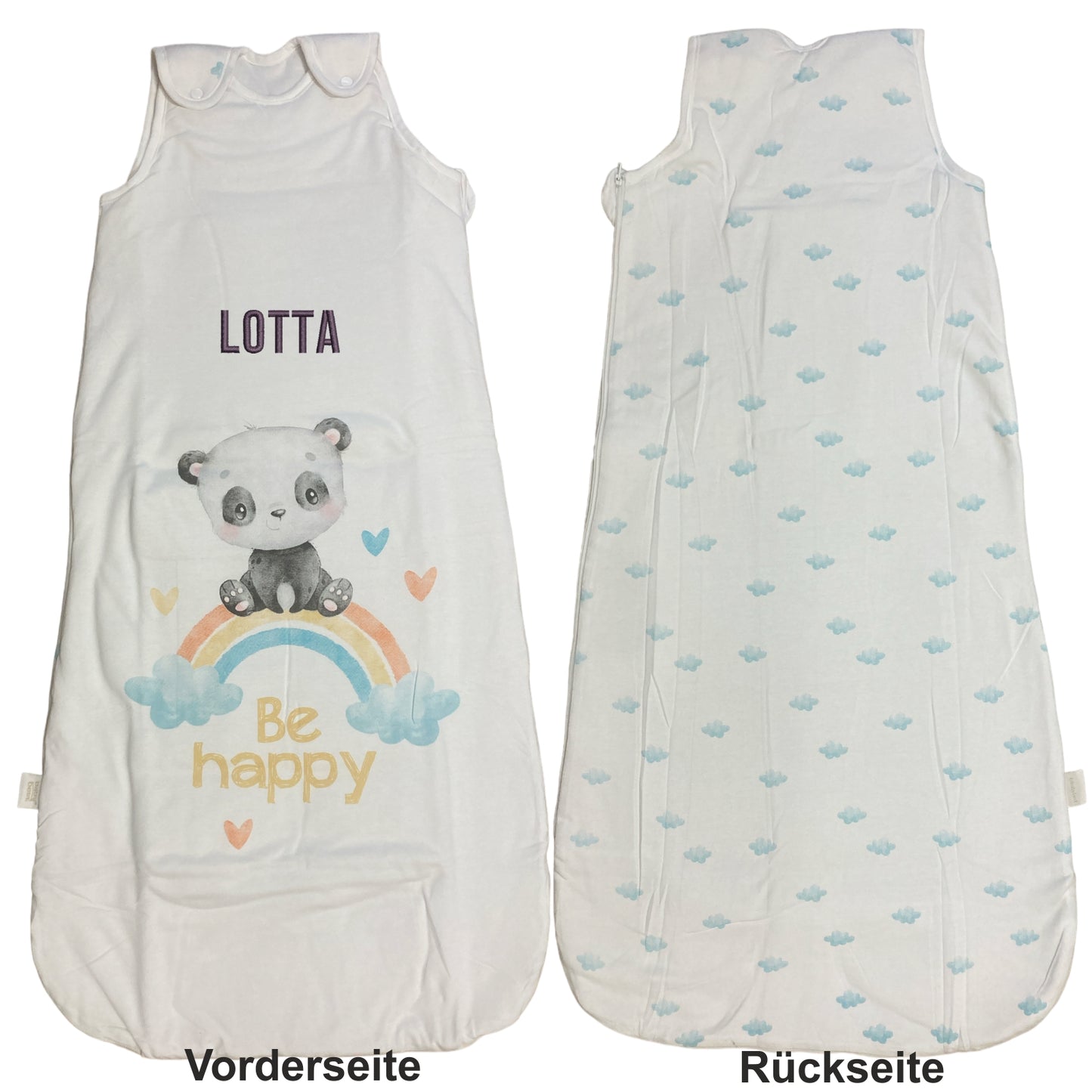 Rück- und Vorderseite vom Schlafsack mit Namen Be Happy
