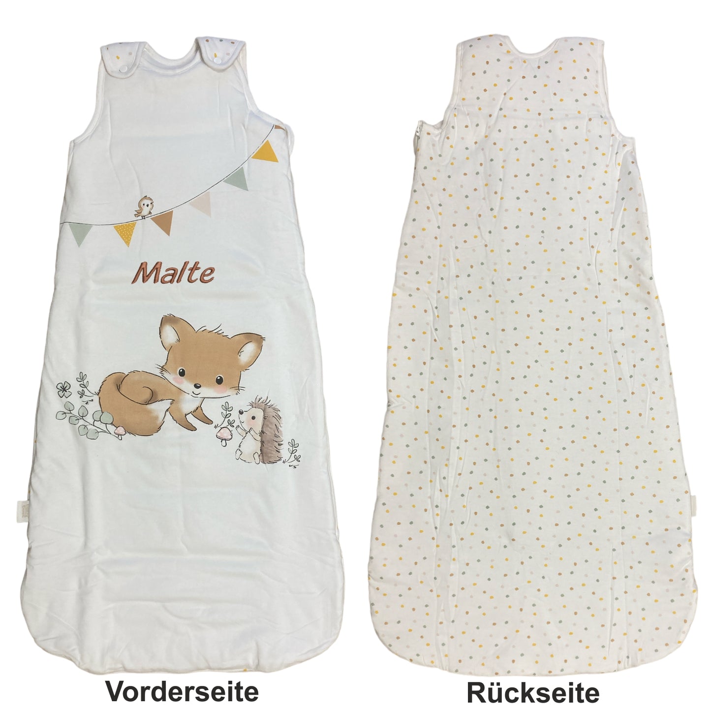 rückseite und vorderseite Schlafsack Woldfreunde mit Namen bestickt