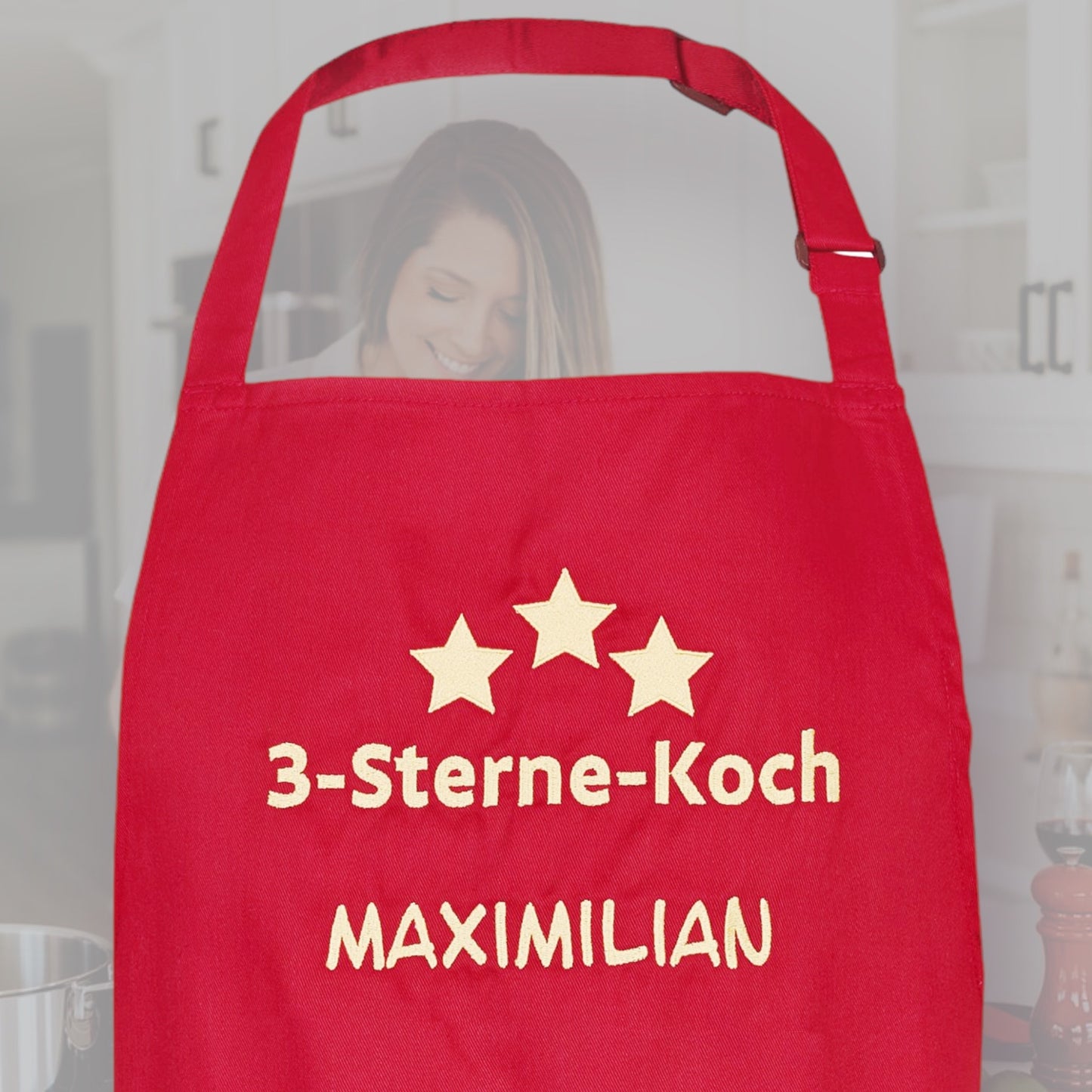 Beispiel rote Kochschürze mit Motiv und Name