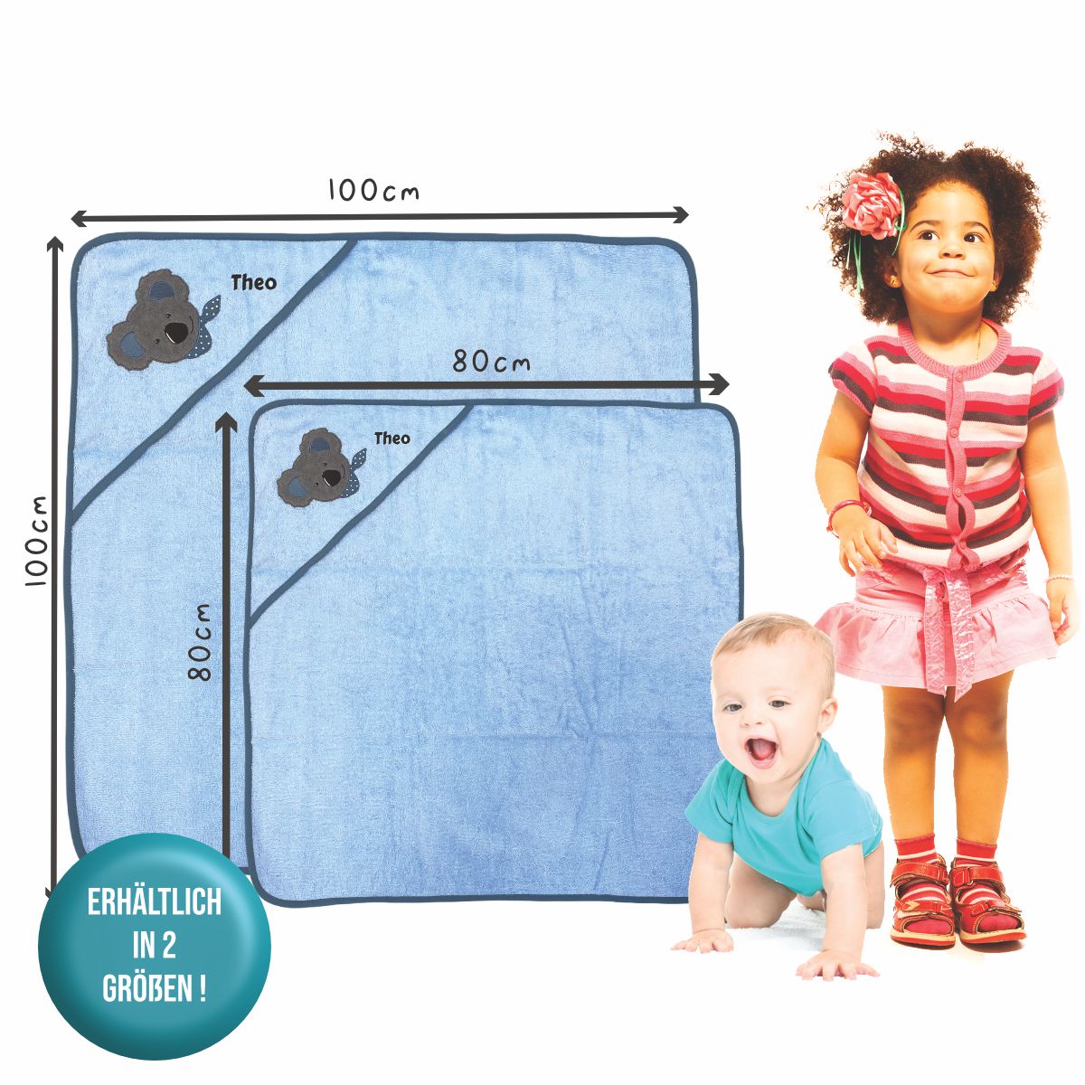 Größenvergleich BIO-Handtuch Koala blau 80 x 80 zu 100 x 100 cm
