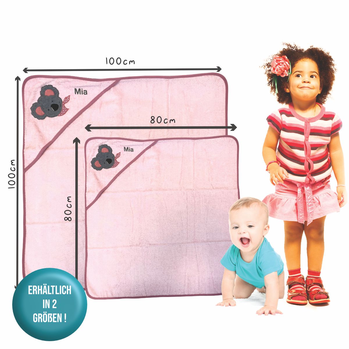 Größenvergleich BIO-Handtuch Koala rosa 80 x 80 zu 100 x 100 cm