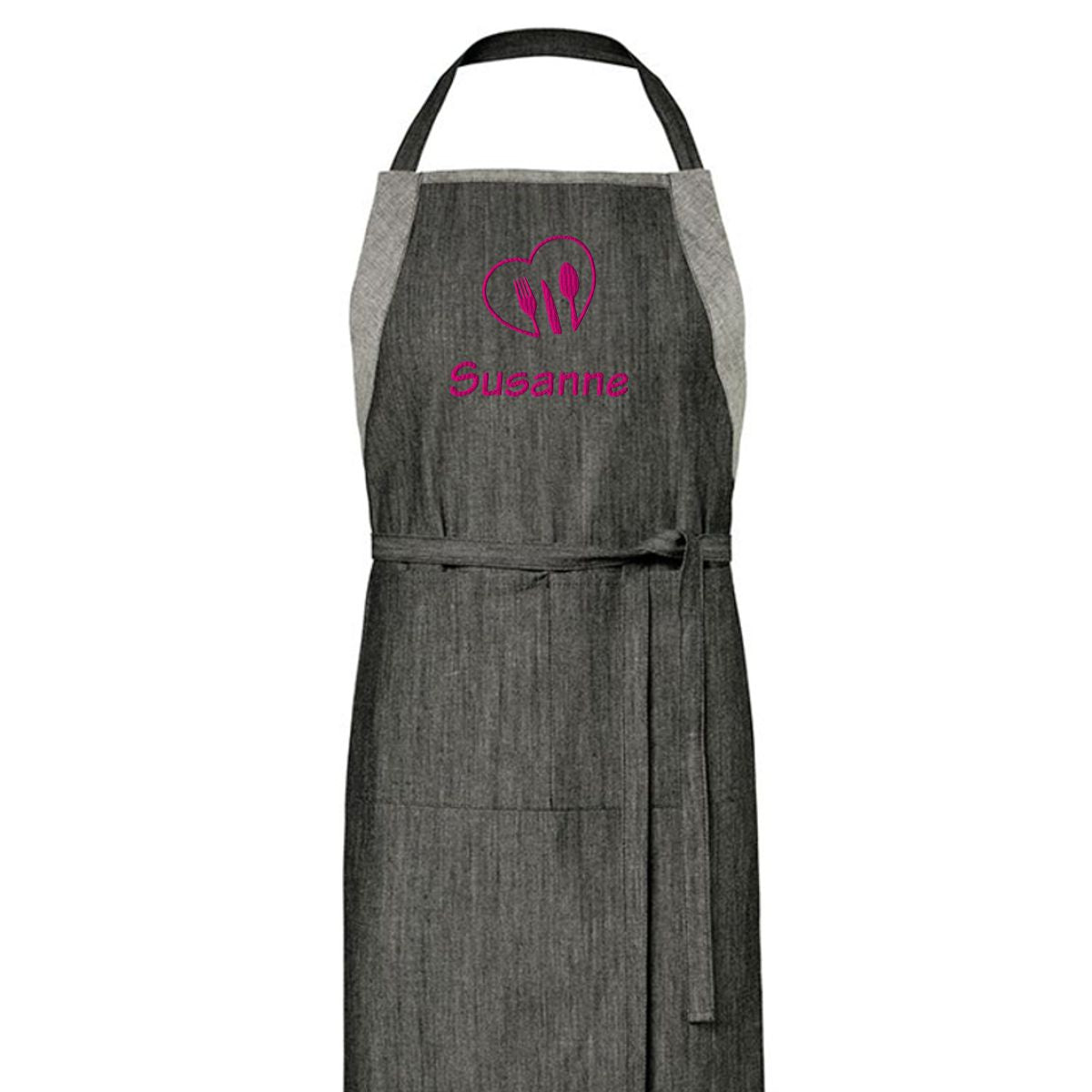 black denim Kochschürze mit Namen bestickt