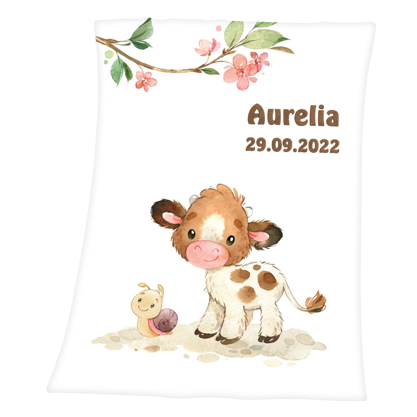 Soft Peach Babydecke mit Namen bestickt Kuh Schnecke 75x100cm