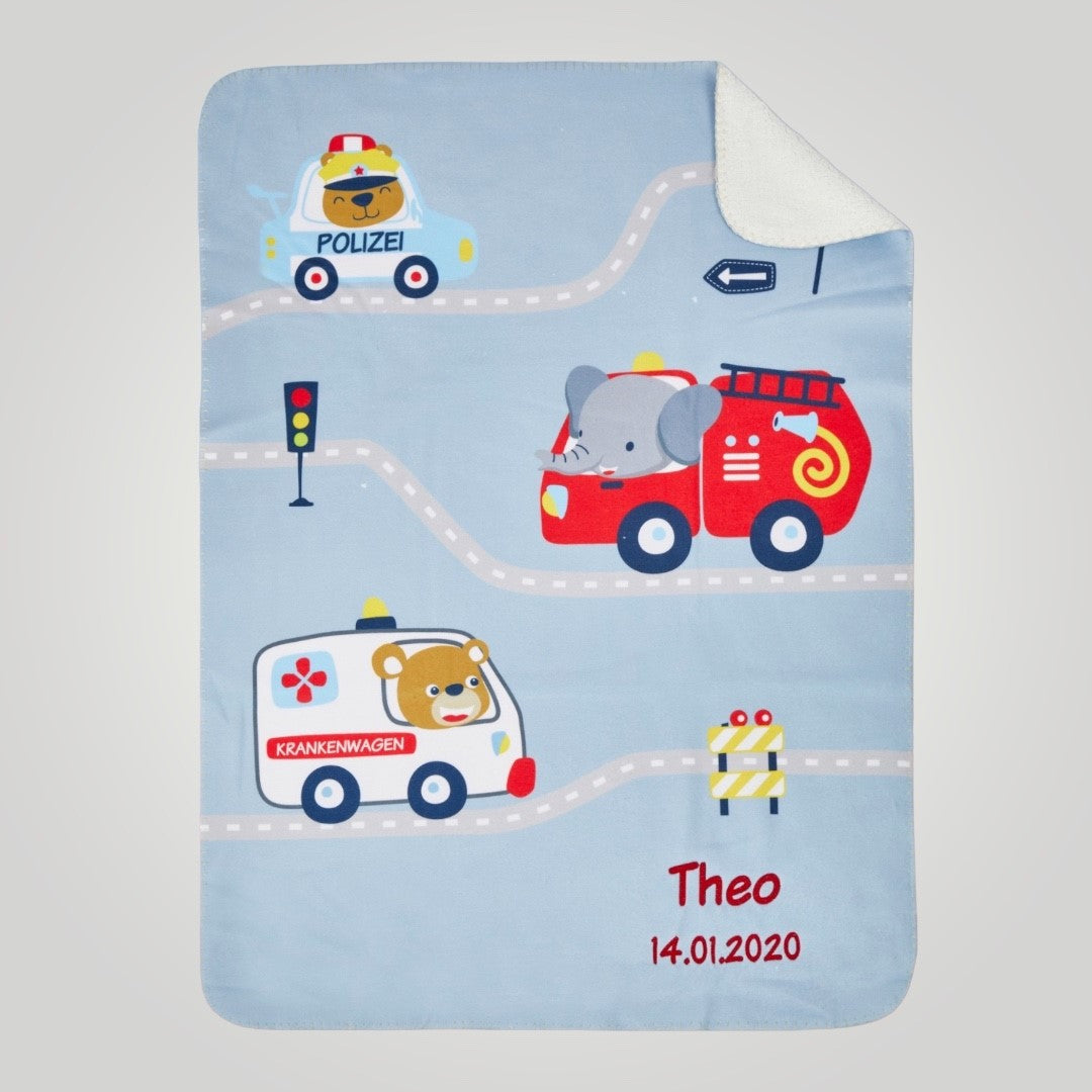 Rettungsfahrzeuge Wolimbo Duo Babydecke mit Namen bestickt
