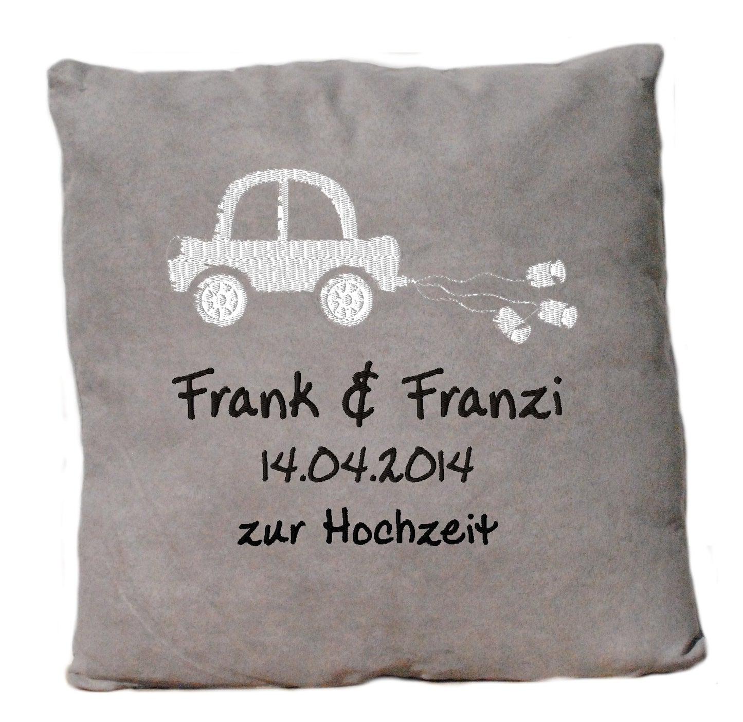 Kissen grau mit Beispiel-Bestickung