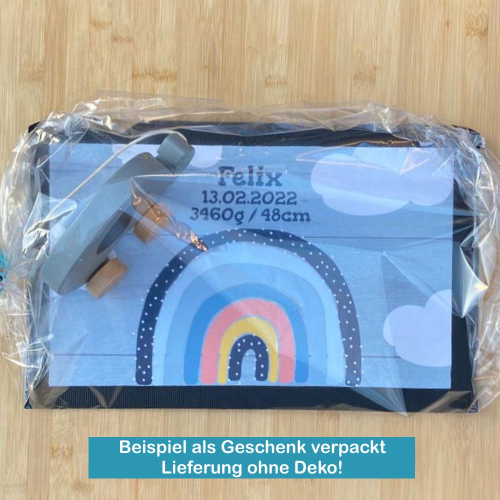 Fußmatte Regenbogen blau mit Namen Beispiel verpackt als Geschenk