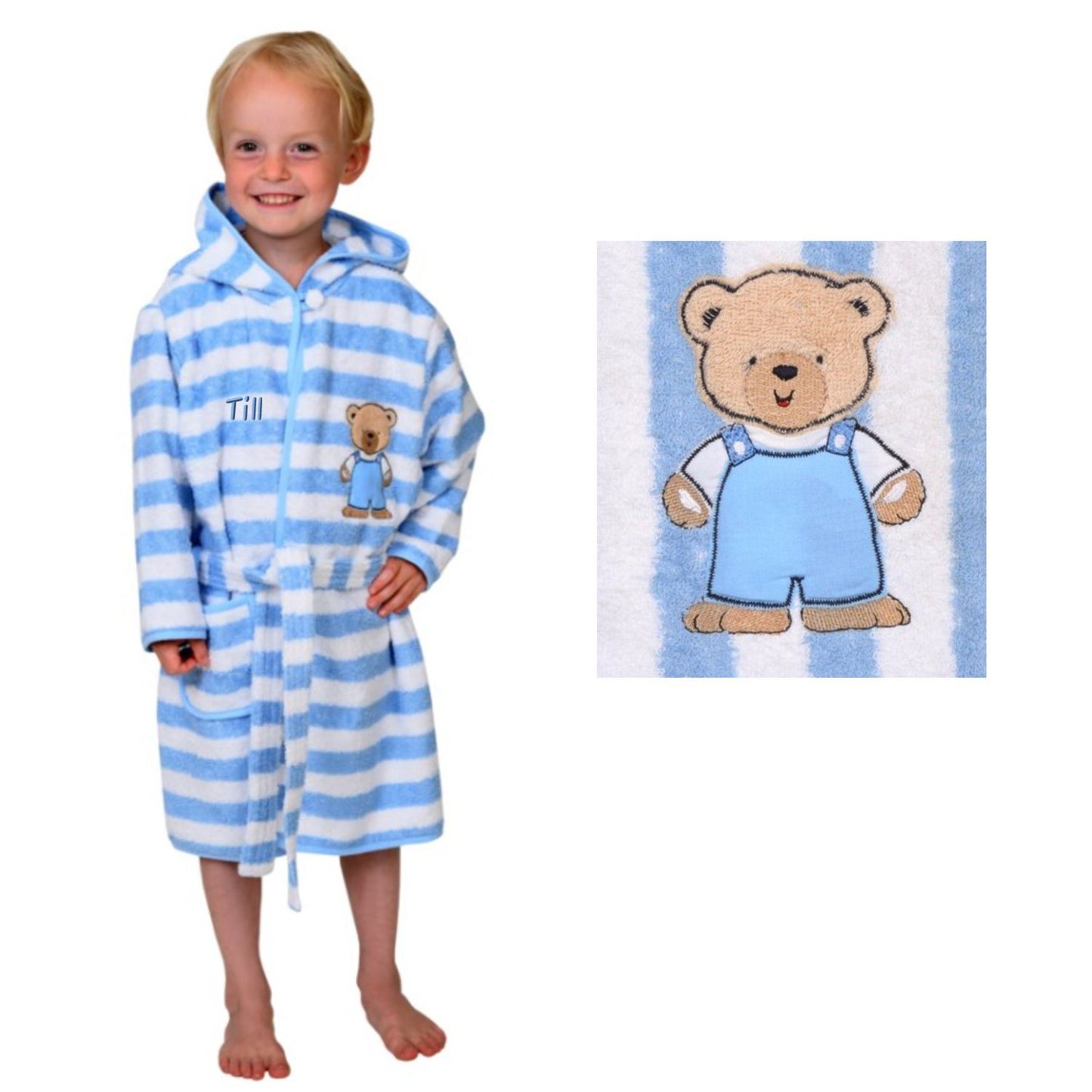 Jungen Bademantel blaue Streifen mit Namen
