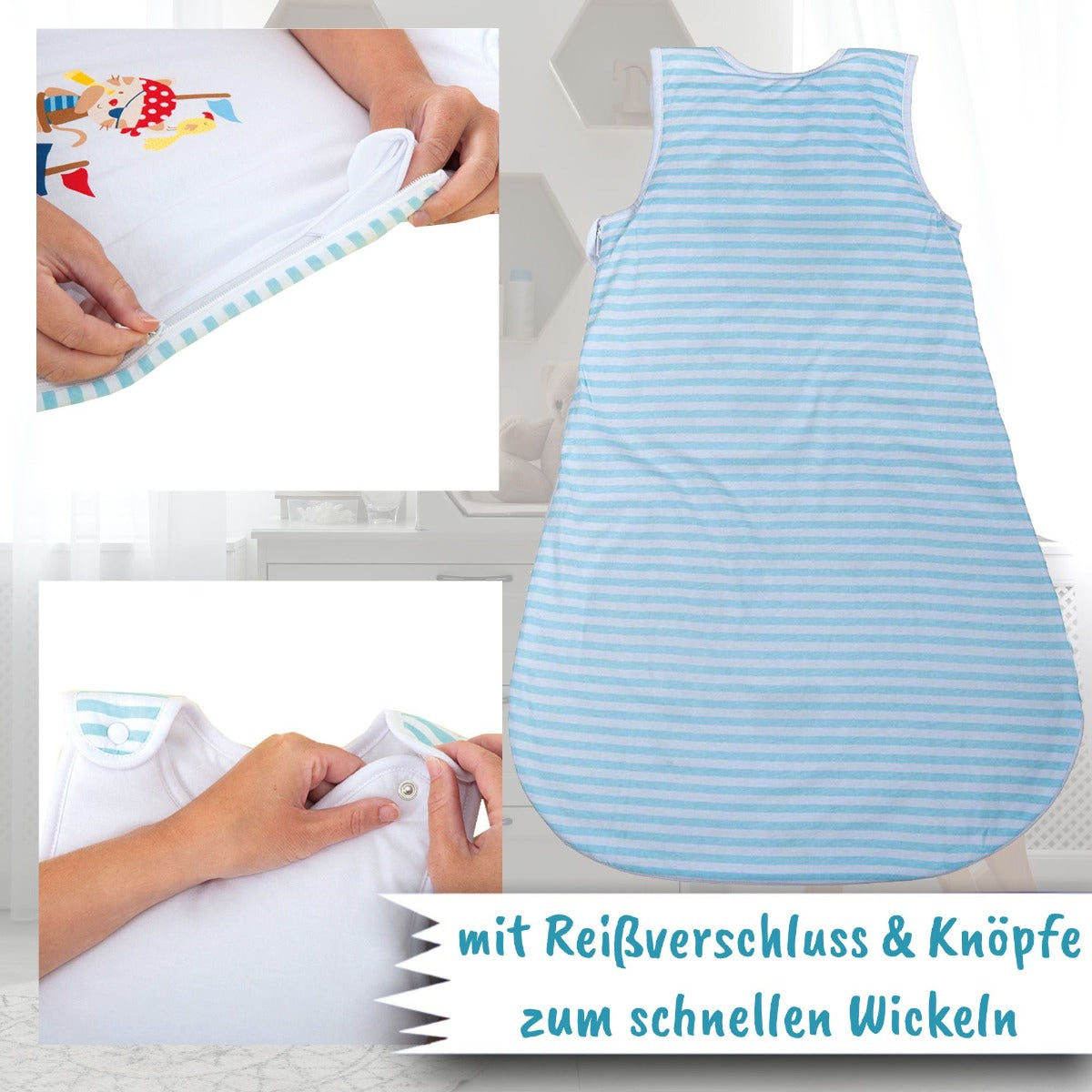 Schlafsack mit Namen Pirat Rückseite, Reißverschluss und Köpfe Detailansicht