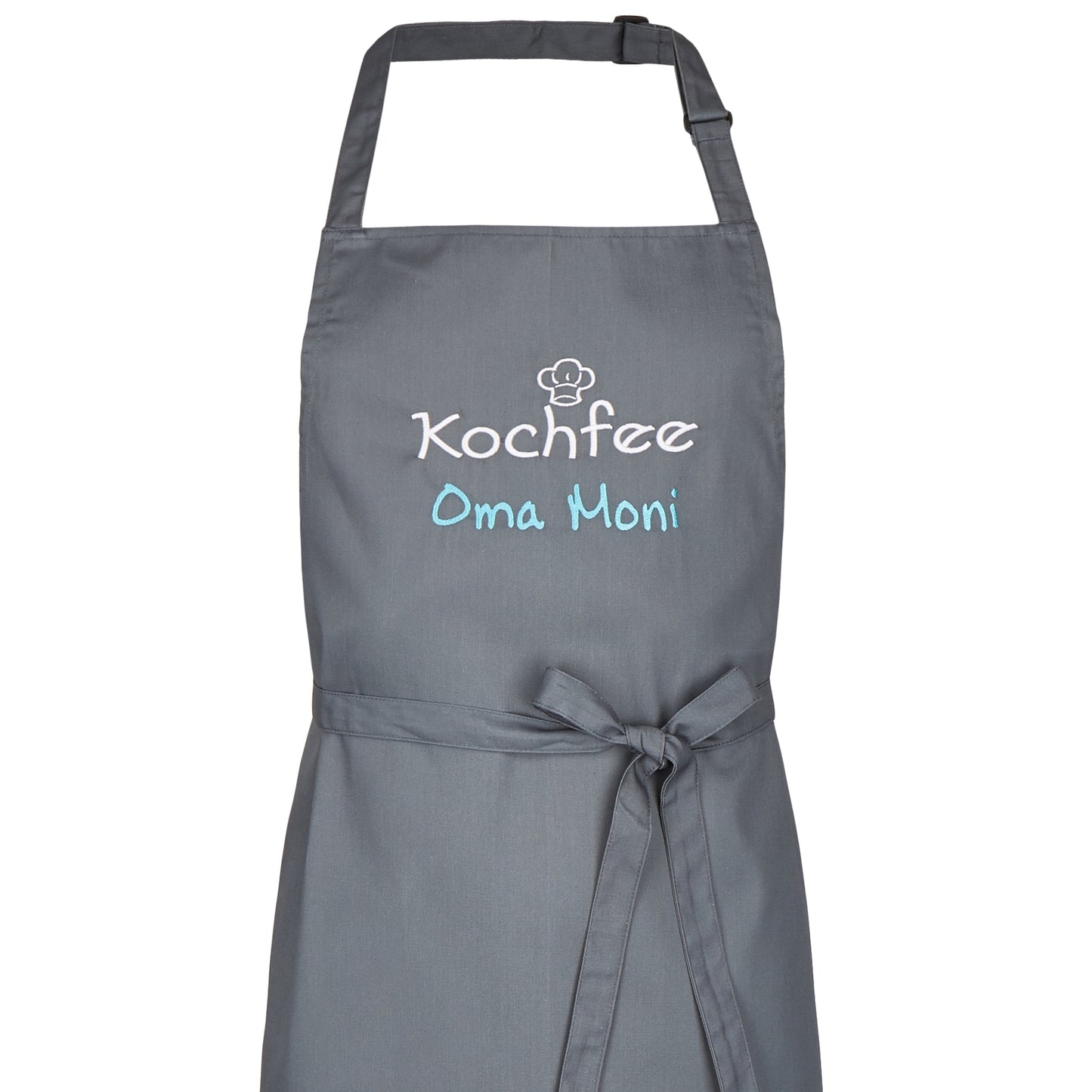 Beispiel Schürze grau Kochfee bestickt