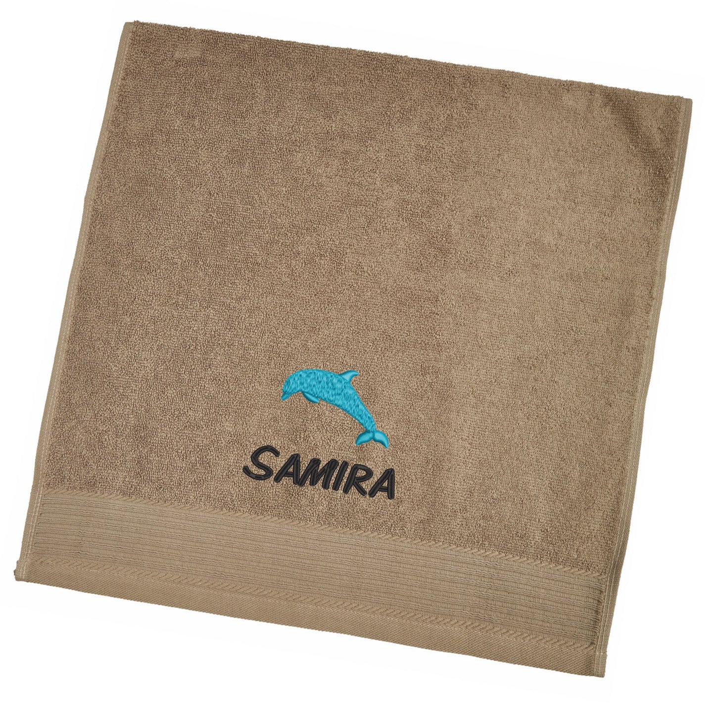 Beispiel Taupe Handtuch mit Namen und Motiv bestickt