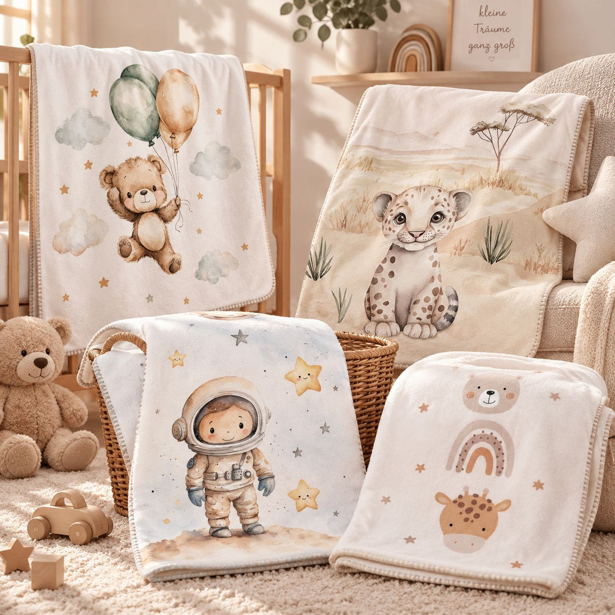 Babydecken mit Namen Süsses Motiv über Babybettchen gelegt