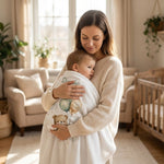 Mutter hält Kind im Arm zugedeckt mit Babydecke mit Namen bestickt