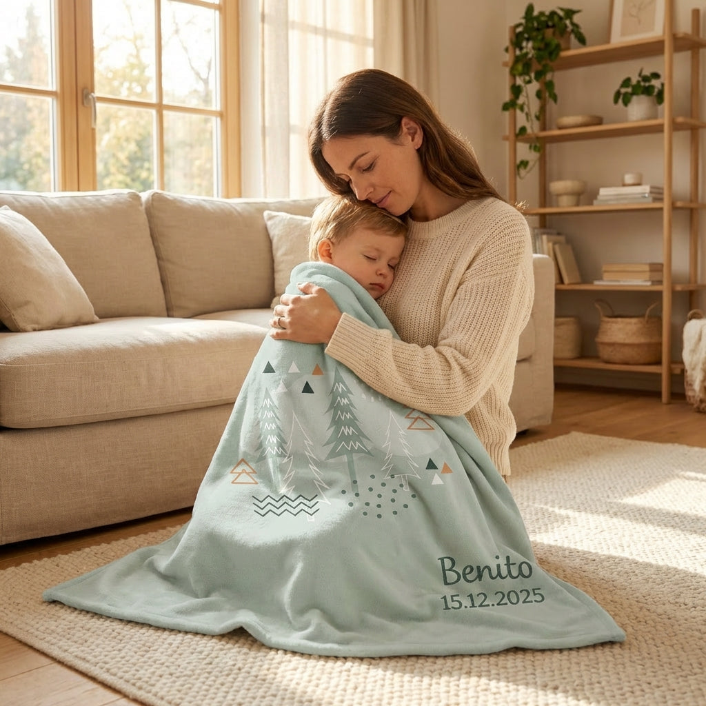 Mutter kuschelt mit Kind und Babydecke mit Namen und Motiv Nordic Forest