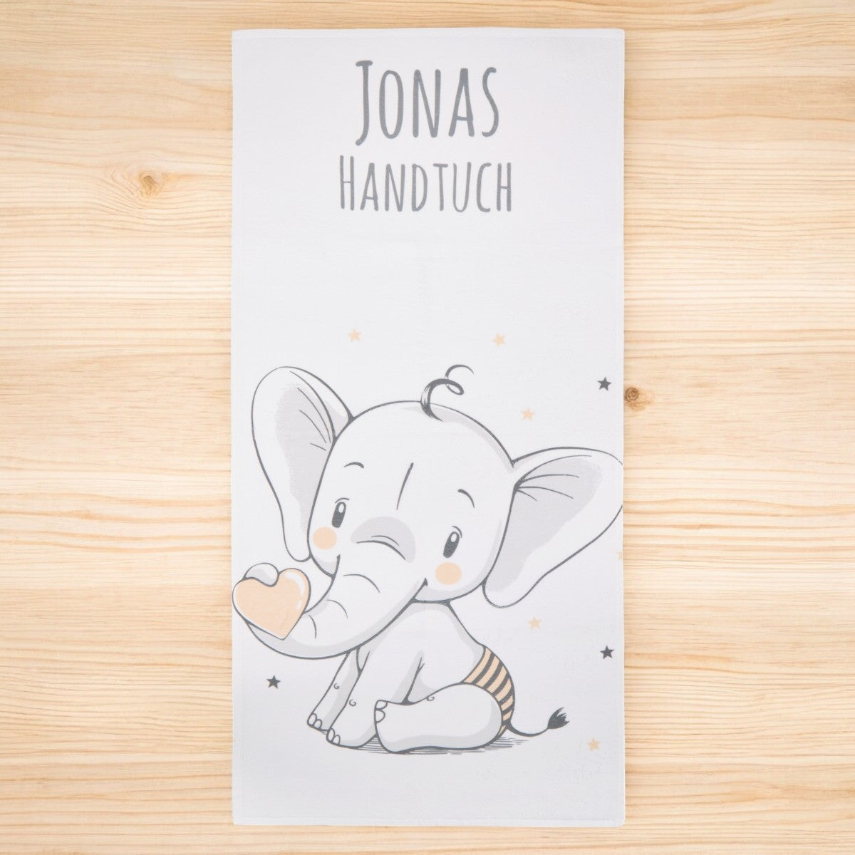 Kinder-Handtuch mit Namen und Motiv bedruckt. Elefant-Motiv