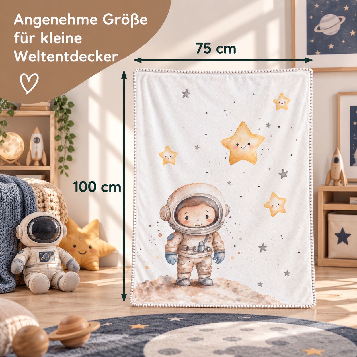 Größenansicht der Babydecke Kleiner Astronaut mit den Maßen 75 x 100 cm