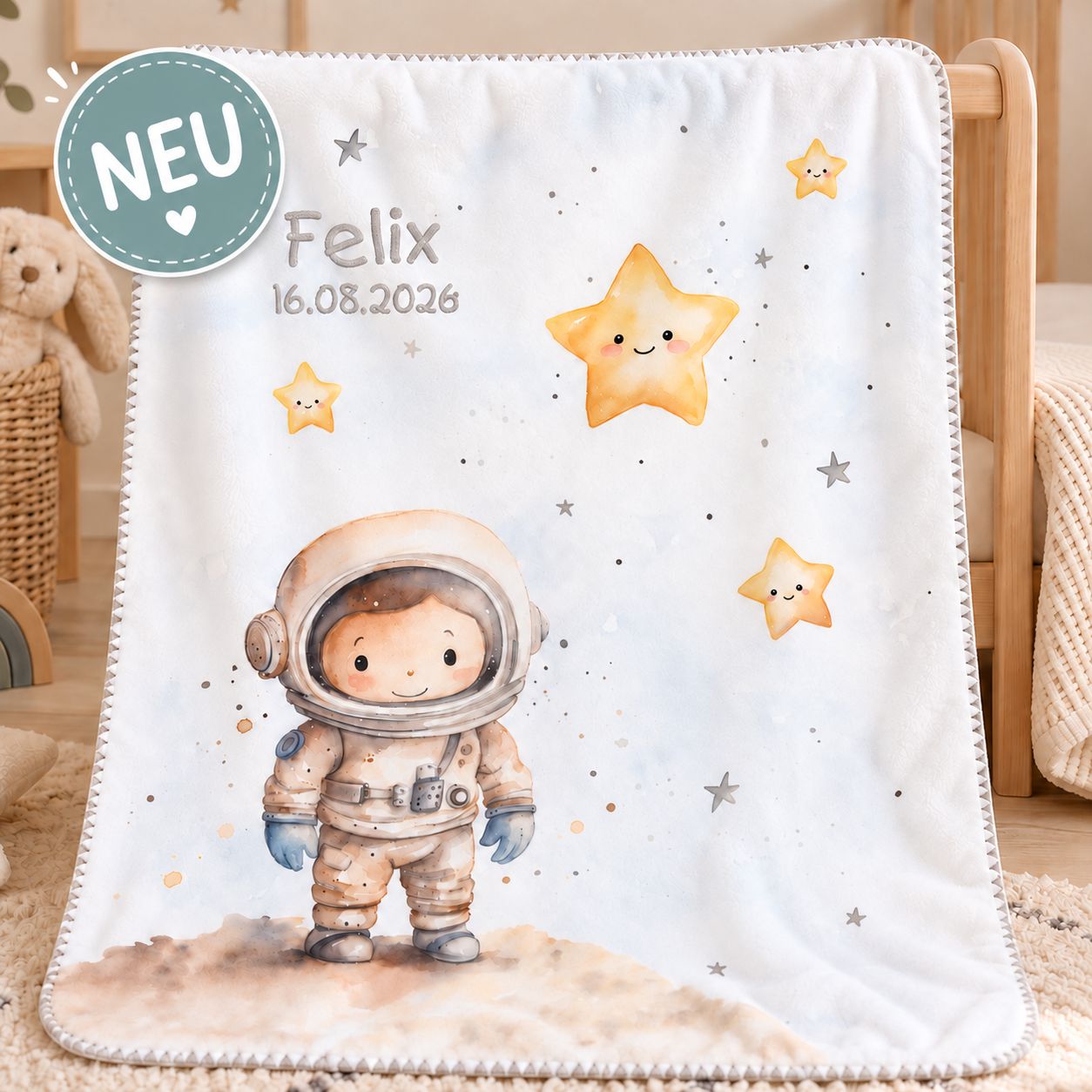 Babydecke Kleiner Astronaut vollständig ausgebreitet mit Astronauten- und Sternenmotiv