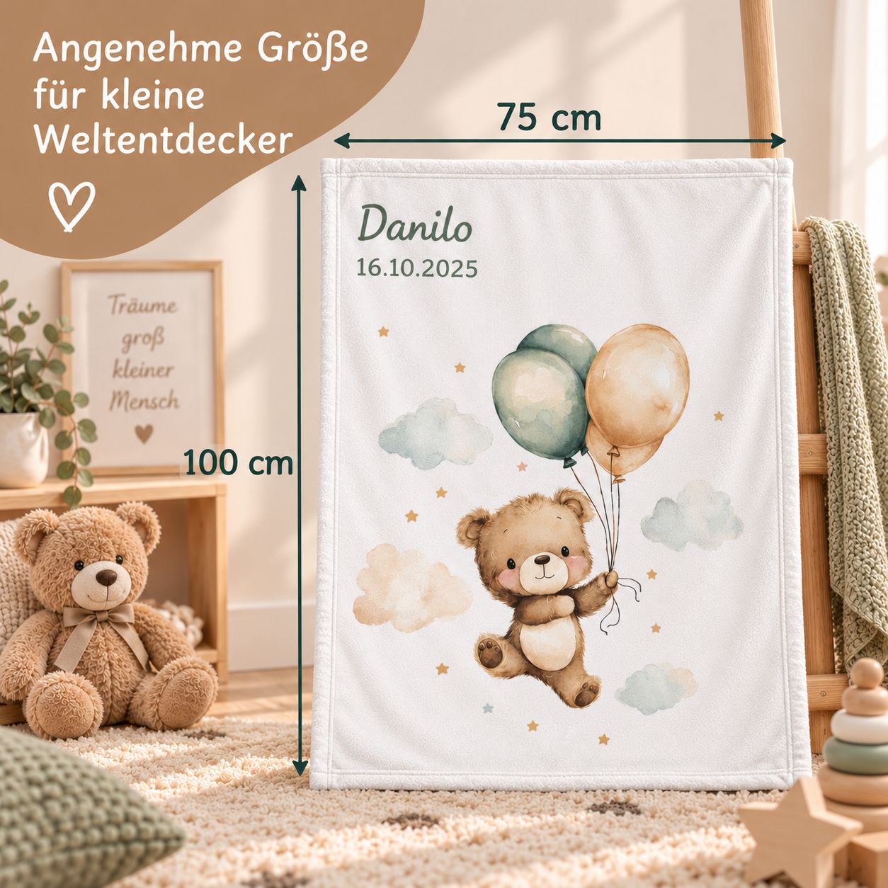 Babydecke mit Teddy und Ballons in der Größe 75 × 100 cm