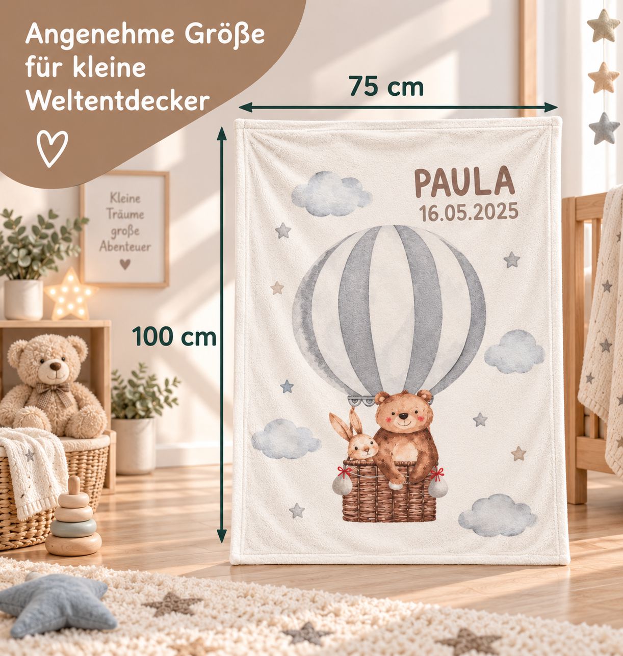 Babydecke mit Ballonfahrt-Motiv in der Größe 75 x 100 cm