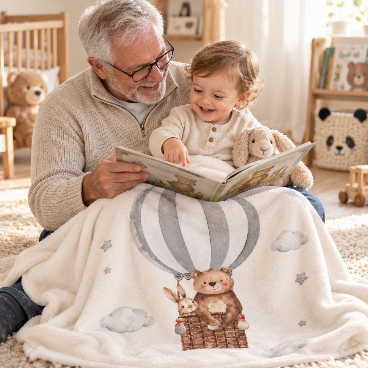 Opa mit Kind und personalisierter Babydecke mit Ballonfahrt-Motiv
