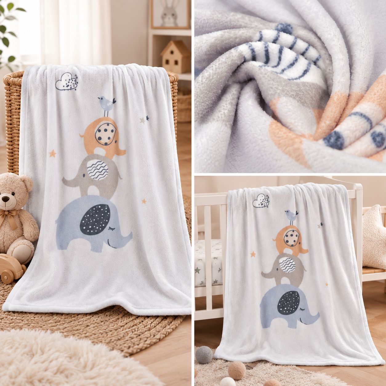 Babydecke mit Elefantenmotiv in verschiedenen Ansichten und Detailaufnahme des weichen Materials