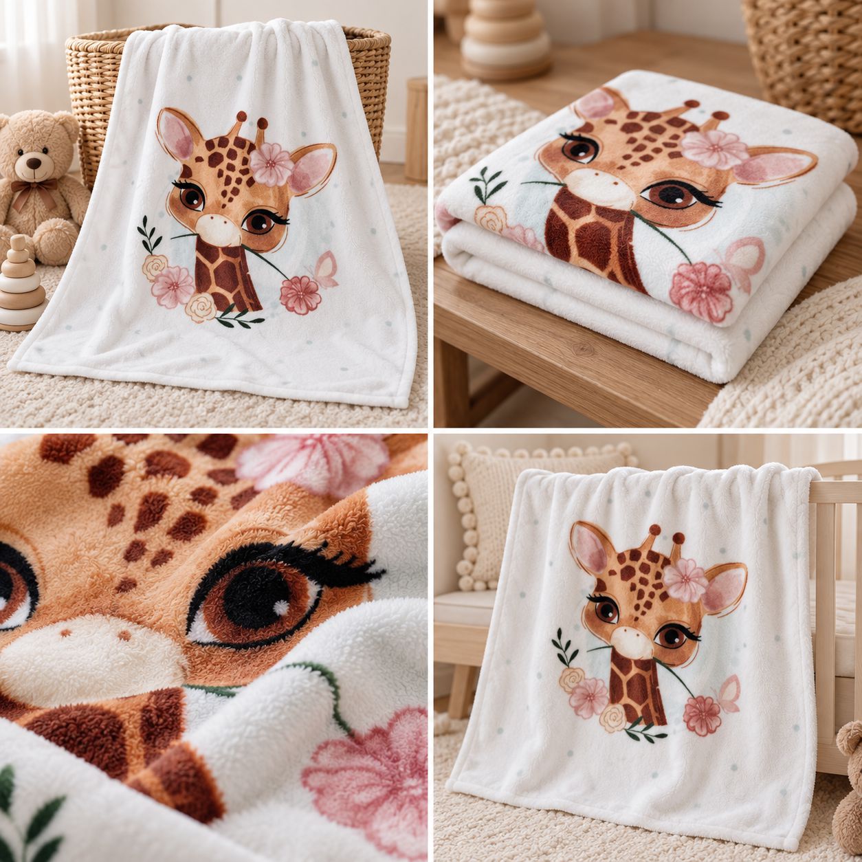 Babydecke mit Giraffenmotiv in verschiedenen Ansichten und weichem Flauschdetail