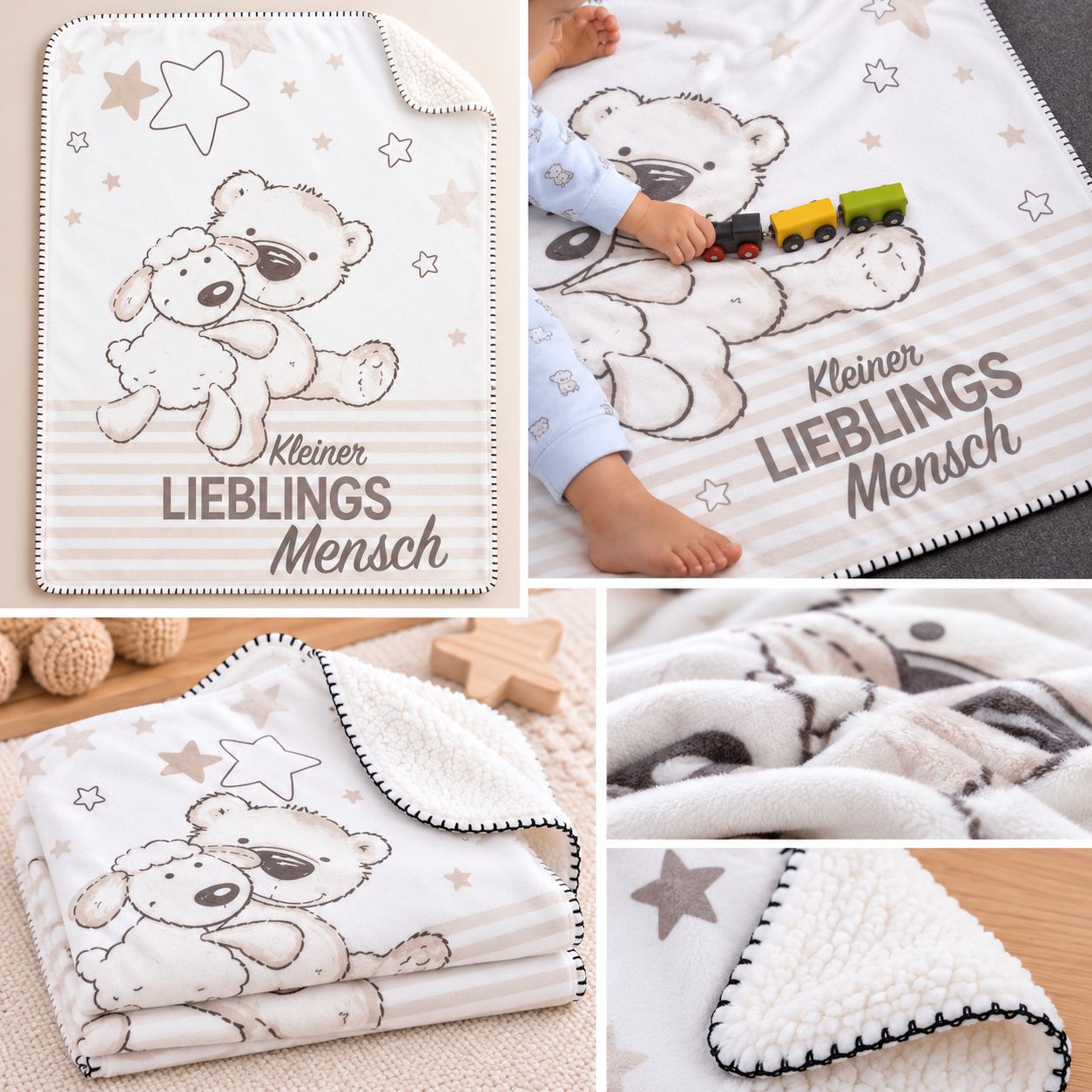 Babydecke Kleiner Lieblingsmensch mit Bär-und-Hund-Motiv, flauschiger Rückseite und Detailansichten