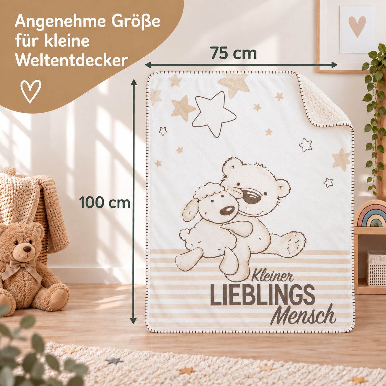 Babydecke Kleiner Lieblingsmensch in 75 x 100 cm mit Bär-und-Hund-Motiv und flauschiger Rückseite