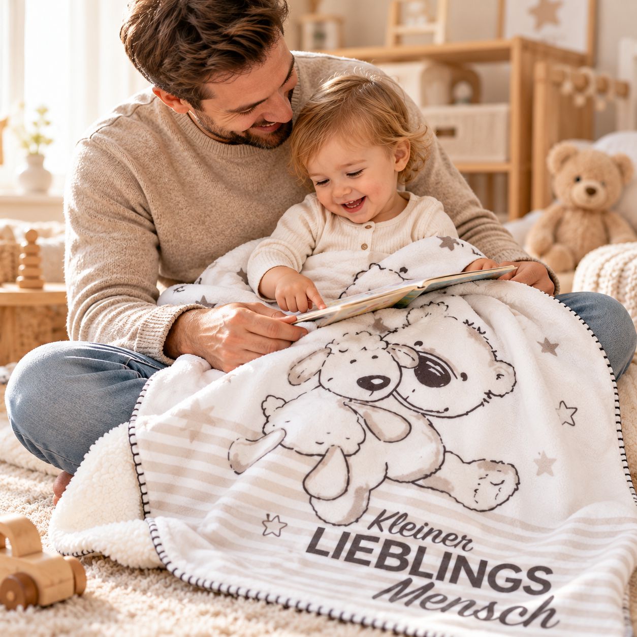 Vater liest mit Kleinkind unter der weißen Babydecke Kleiner Lieblingsmensch mit Bär-und-Hund-Motiv