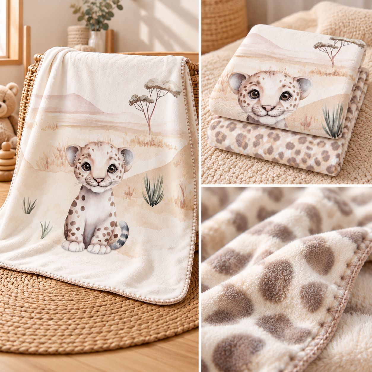 Babydecke Kleiner Leo im Kinderzimmer mit Ansichten von Vorderseite, Rückseite und weichem Materialdetail