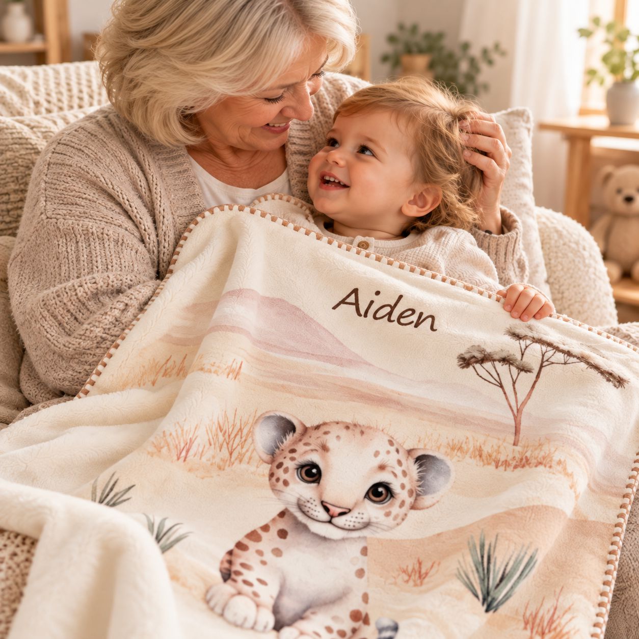 Oma und Enkelkind kuscheln gemeinsam mit der personalisierten Babydecke Kleiner Leo