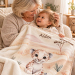 Oma und Enkelkind kuscheln gemeinsam mit der personalisierten Babydecke Kleiner Leo