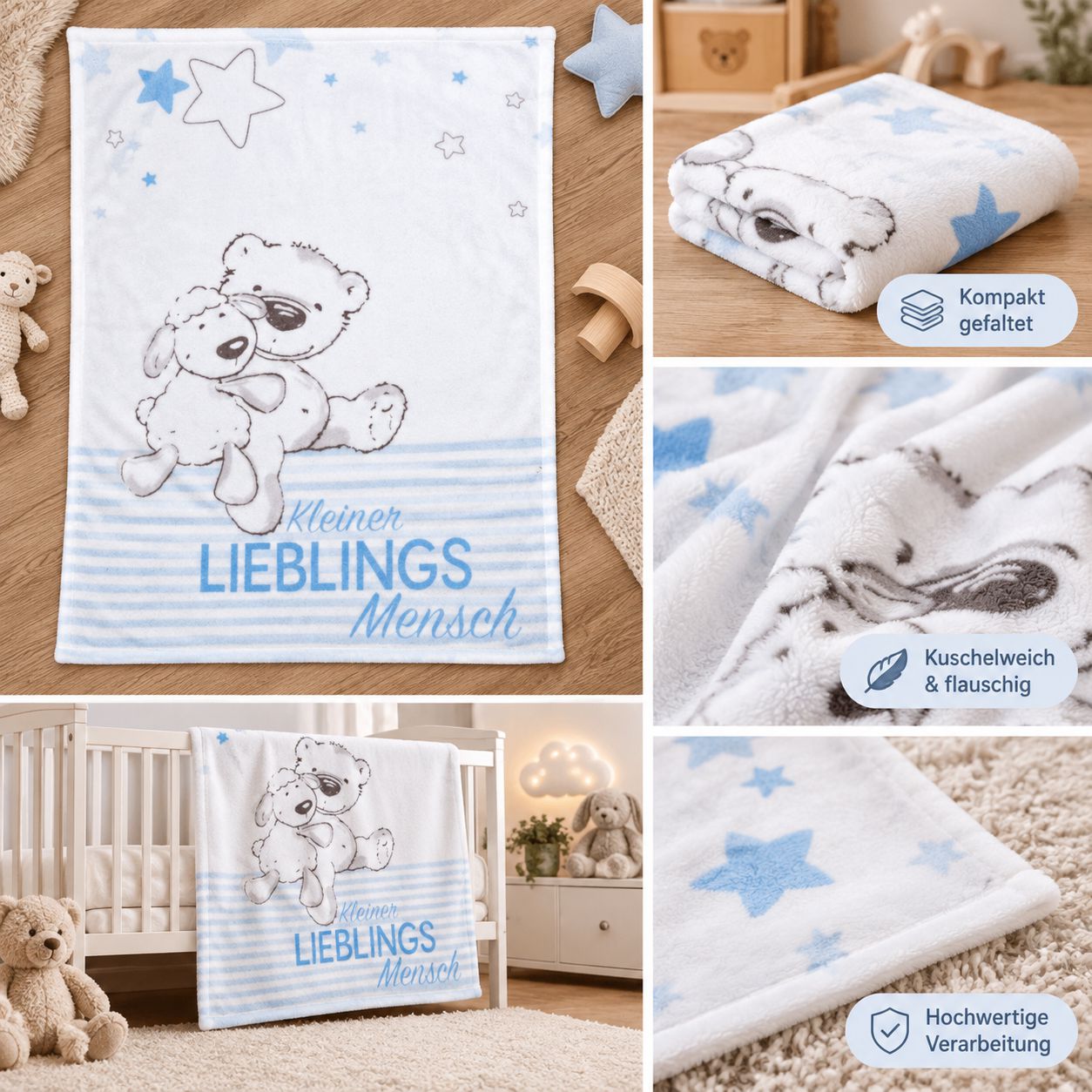 Blaue Babydecke mit Bärchenmotiv, Faltansicht und weicher Materialstruktur
