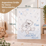 Blaue Babydecke mit Namen und Bärchenmotiv in 75 × 100 cm