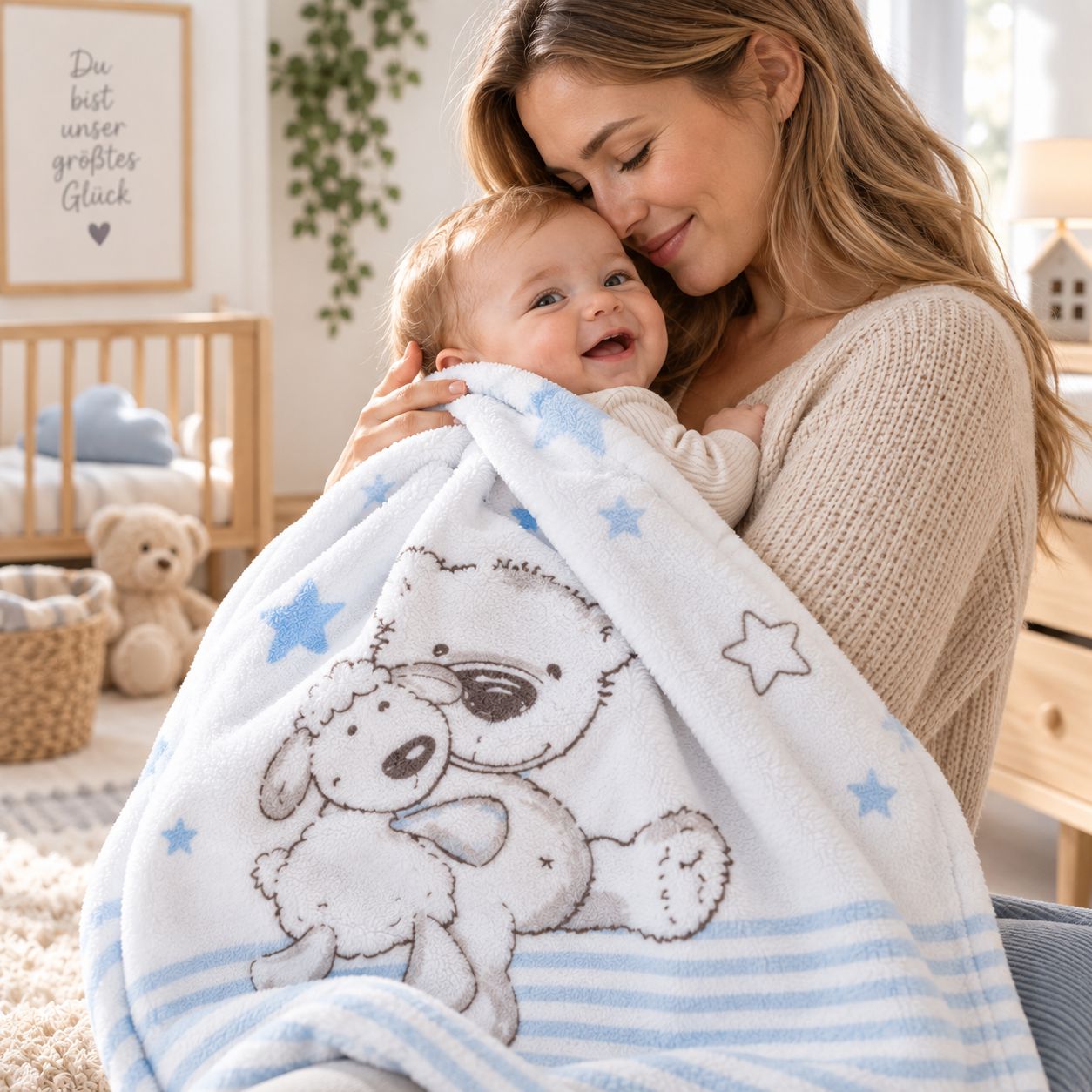Mutter kuschelt mit Baby und blauer Babydecke mit Bärchenmotiv