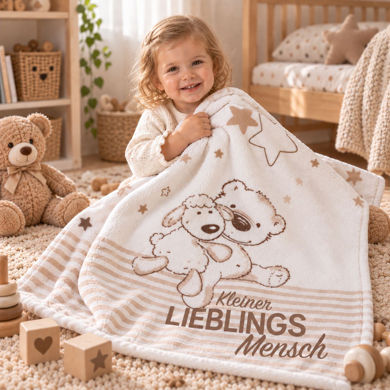 Mädchen kuschelt mit brauner Babydecke mit Bärchenmotiv im Kinderzimmer