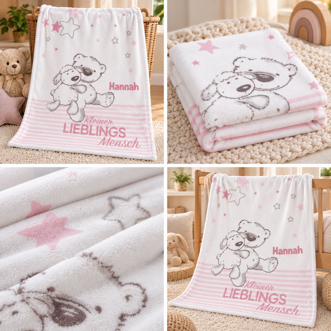 Rosa Babydecke mit Bärchenmotiv, Faltansicht und weicher Materialstruktur