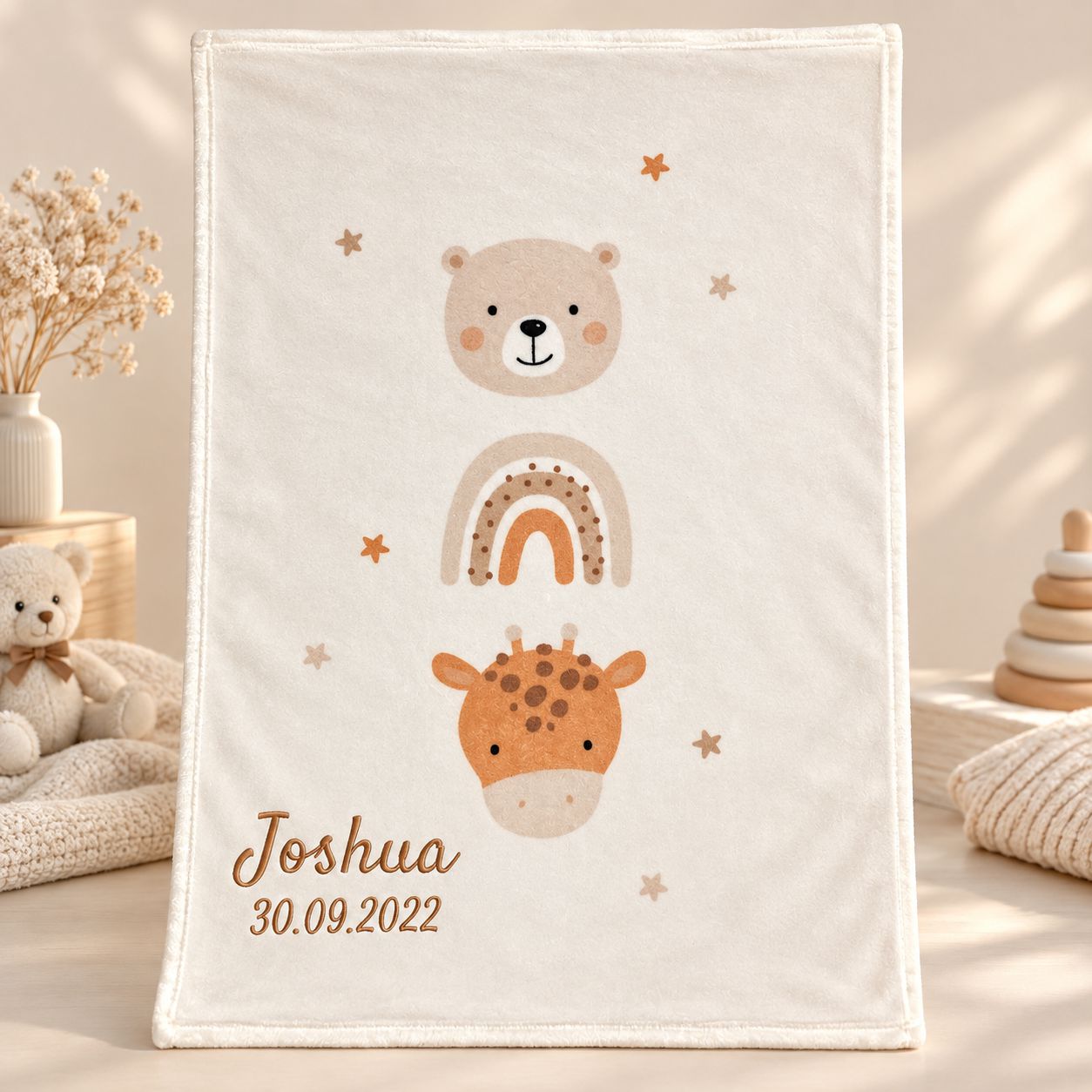 Personalisierte Little Friends Babydecke mit Bär, Regenbogen und Giraffe