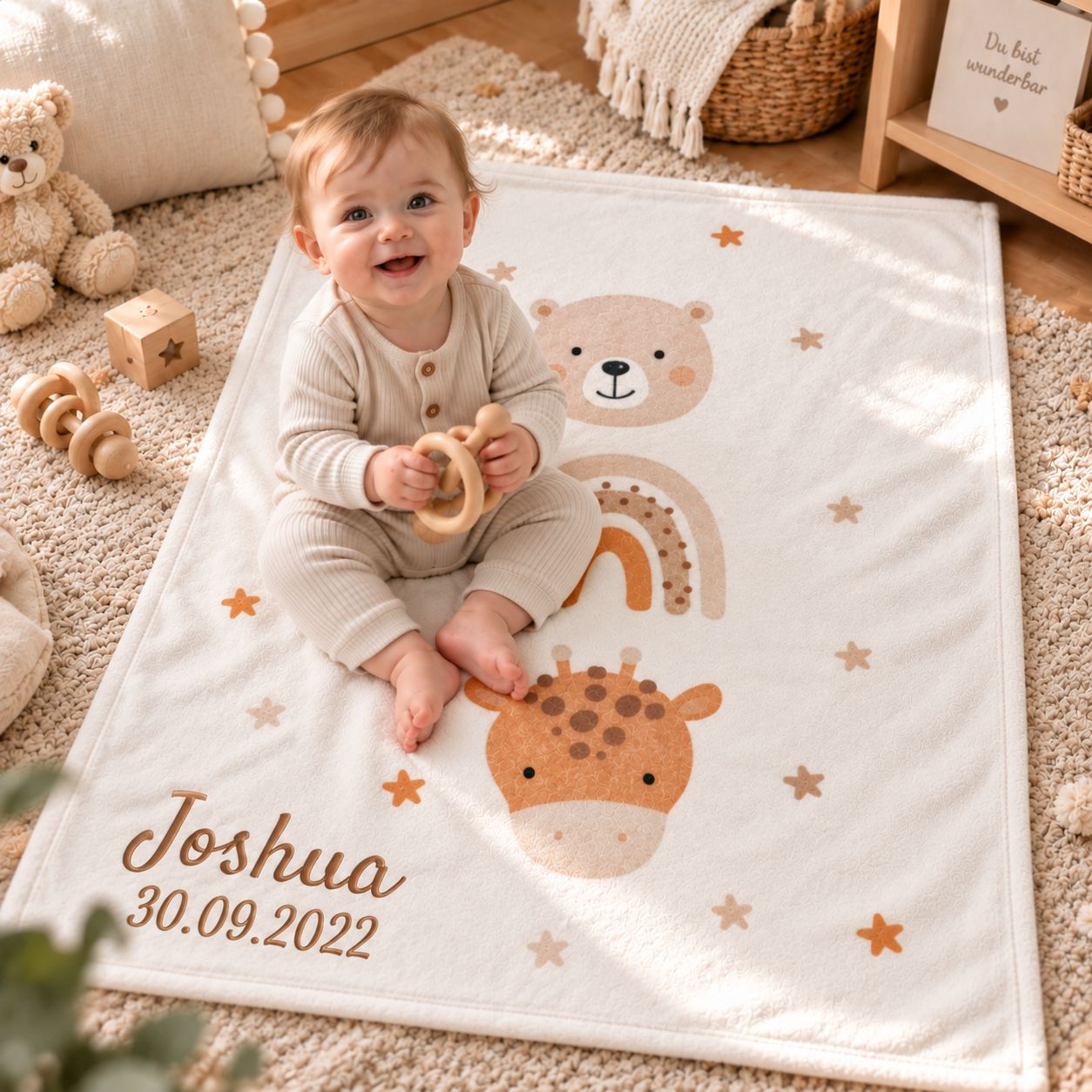 Baby sitzt spielend auf personalisierter Little Friends Babydecke