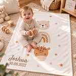 Baby sitzt spielend auf personalisierter Little Friends Babydecke