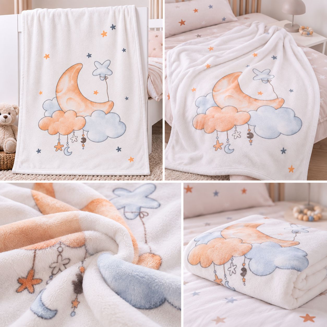 Detailansichten der Babydecke mit Mond, Wolken und Sternen