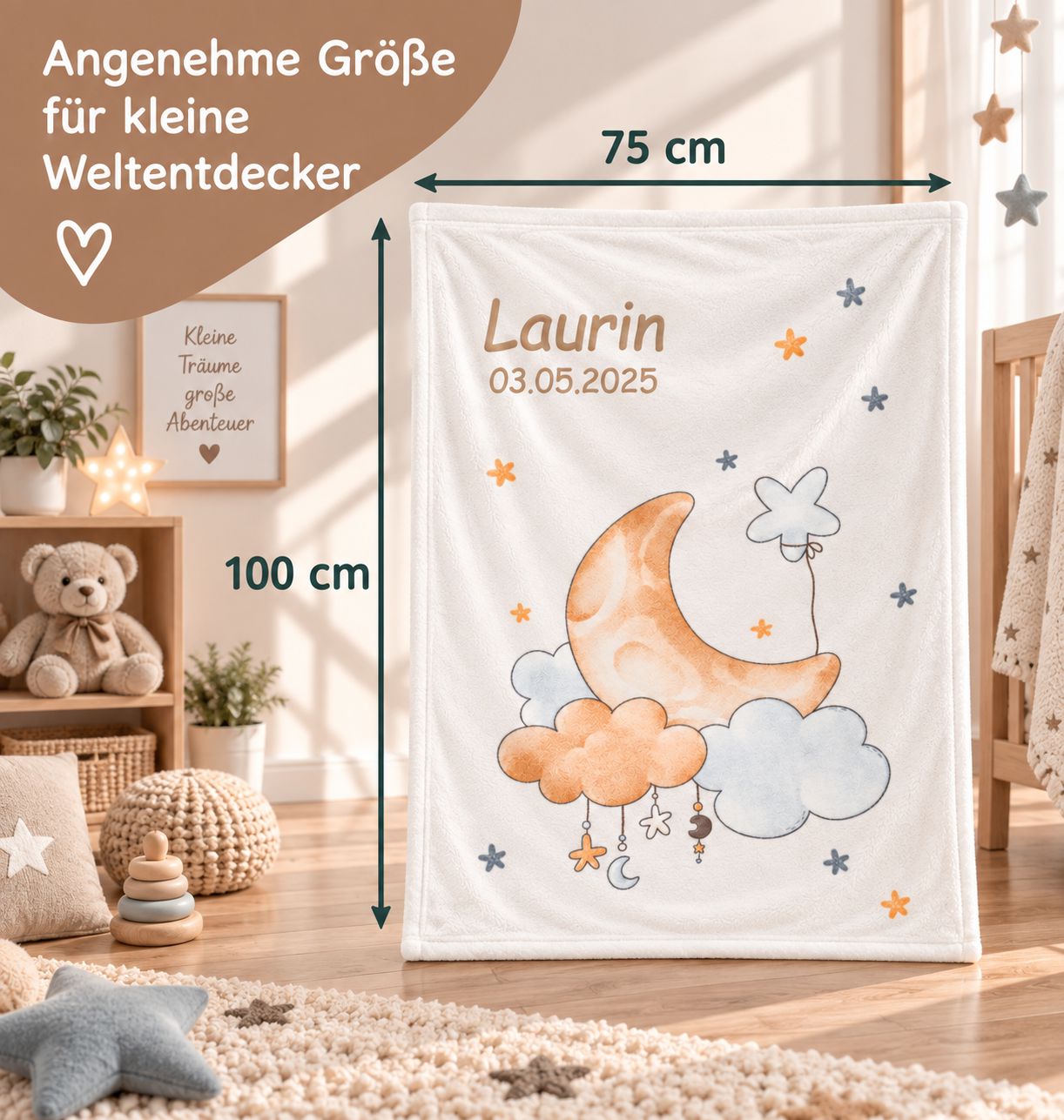 Babydecke mit Mond-und-Sterne-Motiv in 75 × 100 cm
