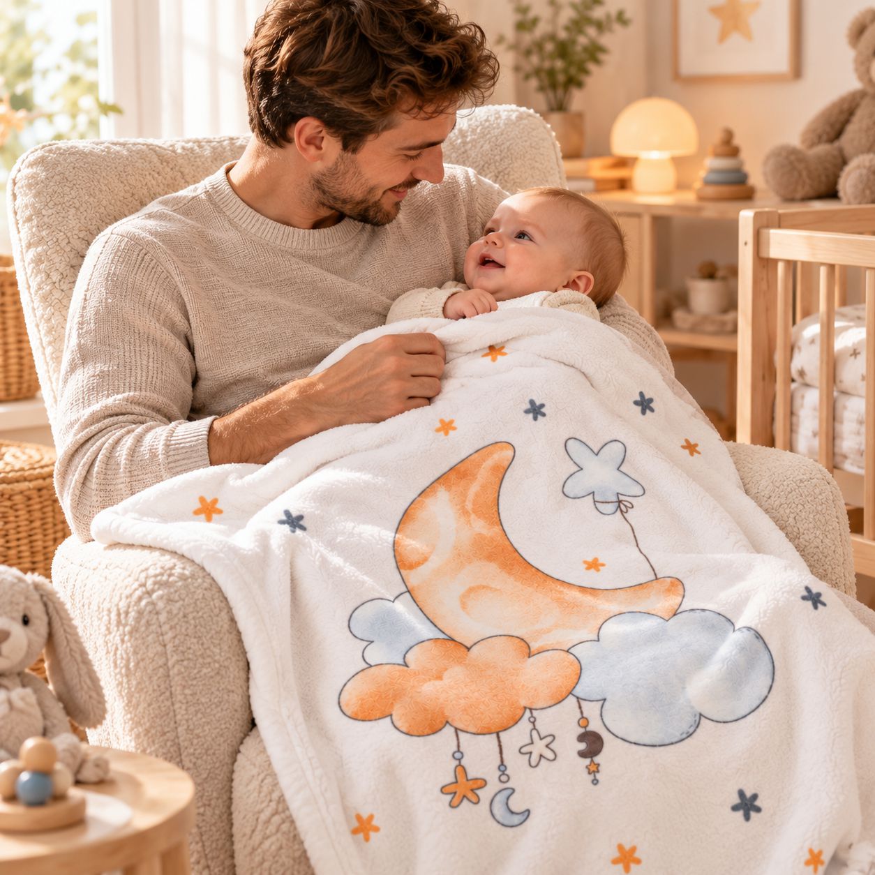 Vater mit Baby und weißer Mond-und-Sterne-Babydecke im Kinderzimmer