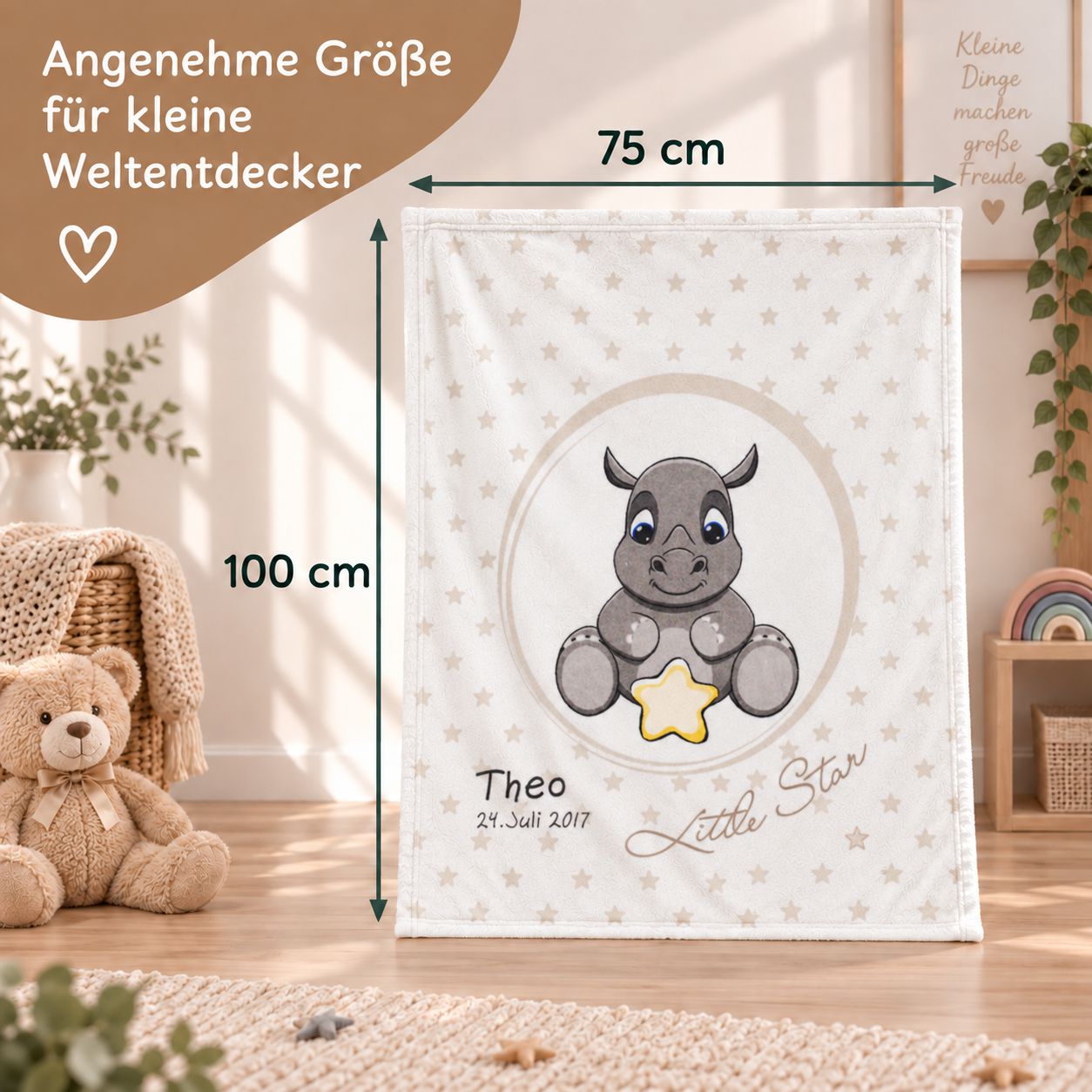 Babydecke mit Nashornmotiv in der Größe 75 x 100 cm