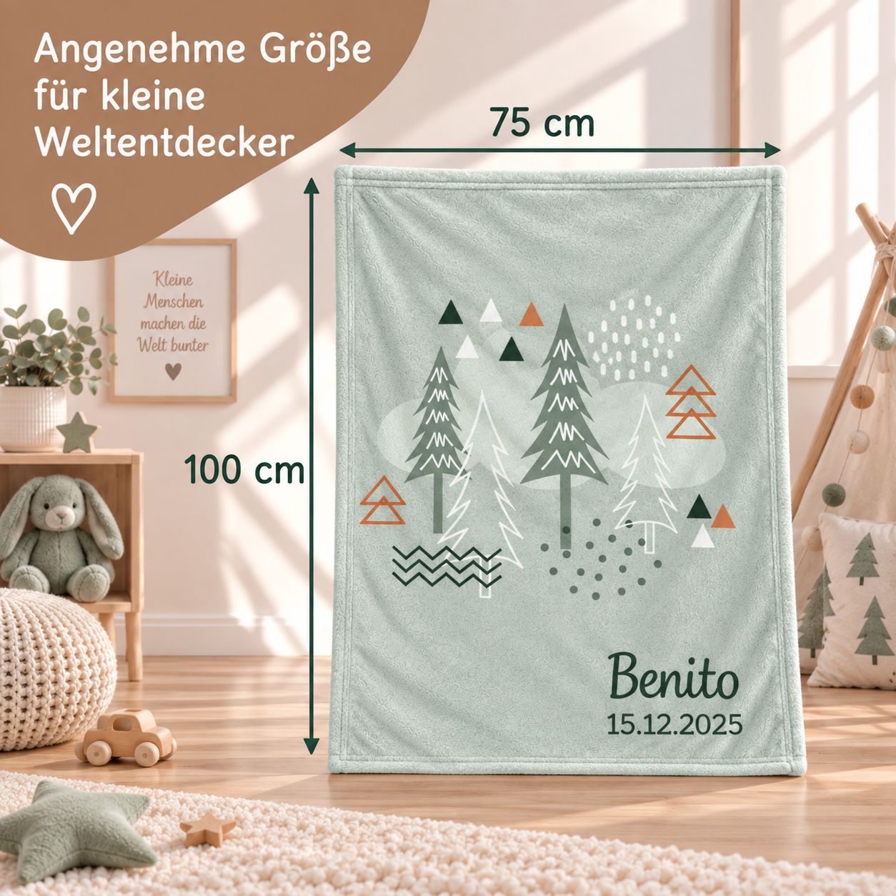 Größenansicht der Nordic-Forest-Babydecke mit 75 × 100 cm