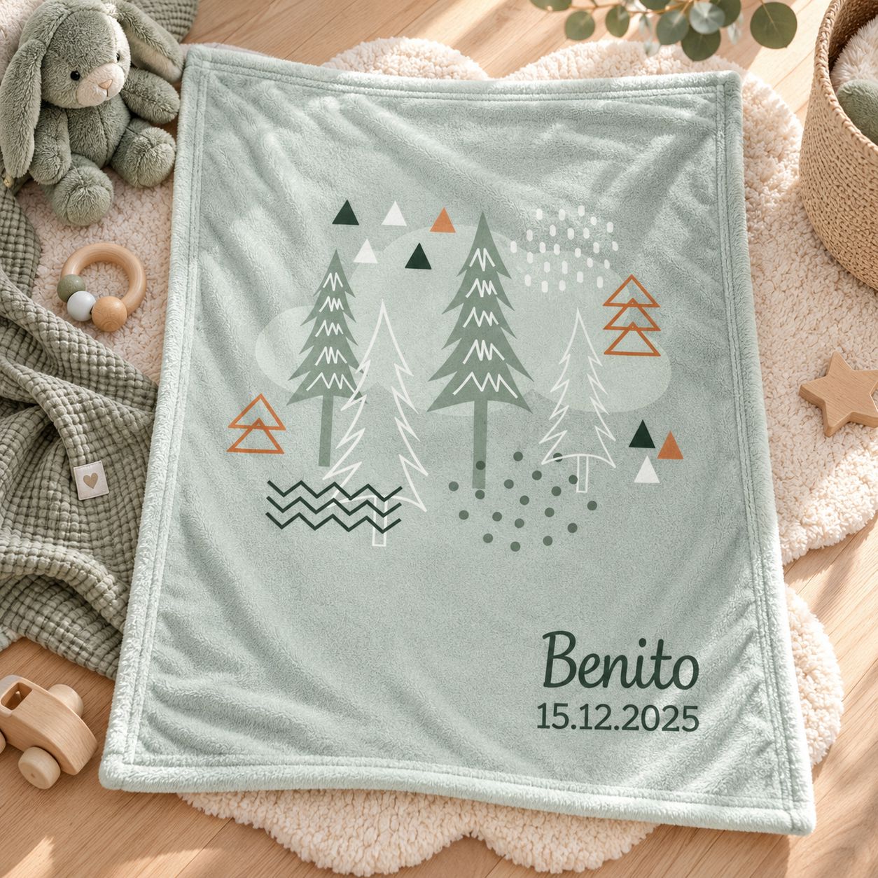 Babydecke mit Namen und Nordic-Forest-Motiv dekorativ im Kinderzimmer