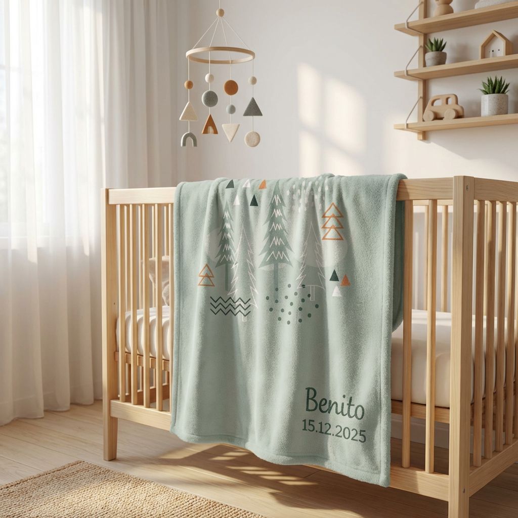 Personalisierte Nordic-Forest-Babydecke mit Namen am Kinderbett