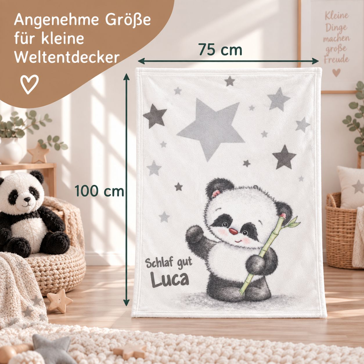Weiße Panda-Kinderdecke mit Größenangabe 75 × 100 cm